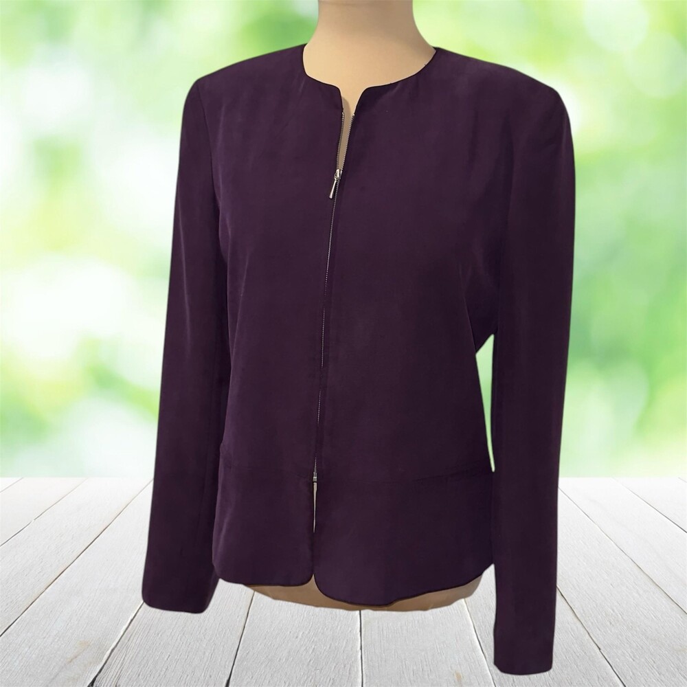 Vintage SILX 100% Silk Jacket Gold Zip Satin Lined Minimalist Eggplant Womens S